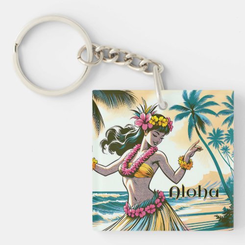 Hula Dancer on the Hawaiian Islands Aloha Keychain