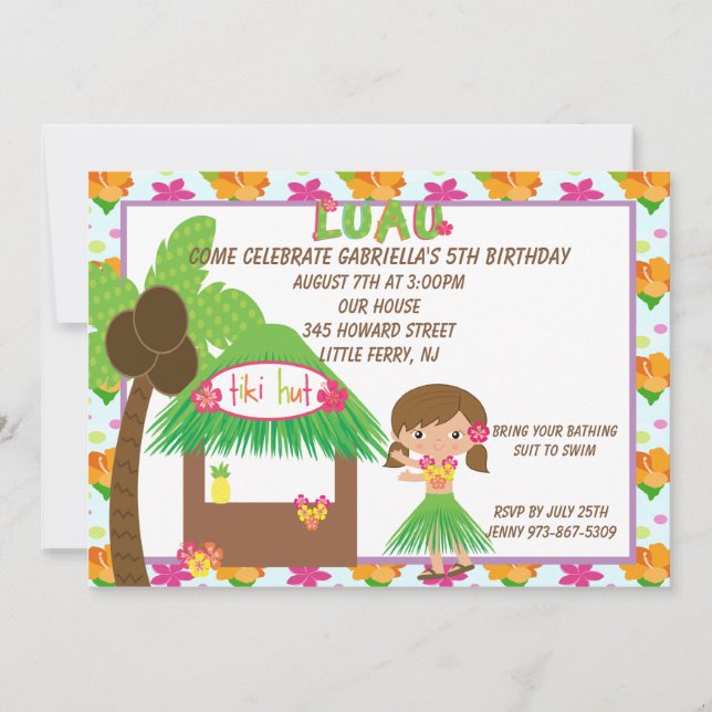 Hula Girl at Tiki Hut Birthday Invitation (Front)