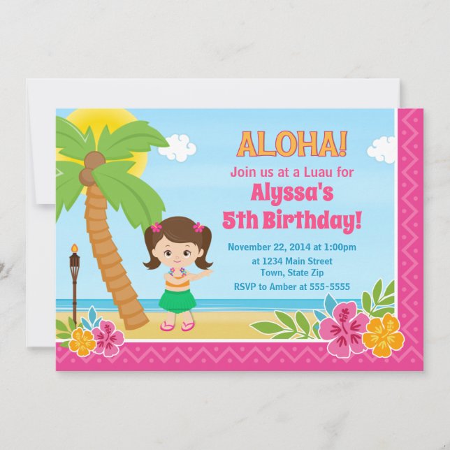 Hula Girl Birthday Invitation Luau Invitation (Front)