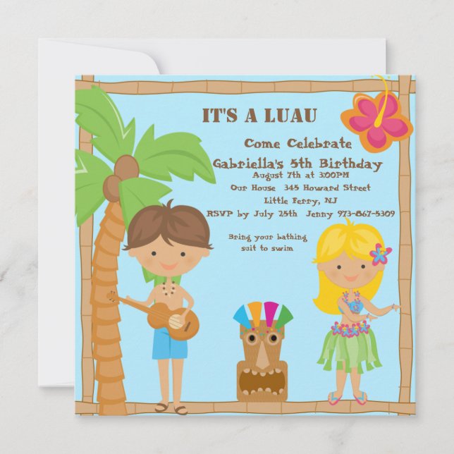 Hula Girl & Boy Luau Square Birthday Invitation (Front)