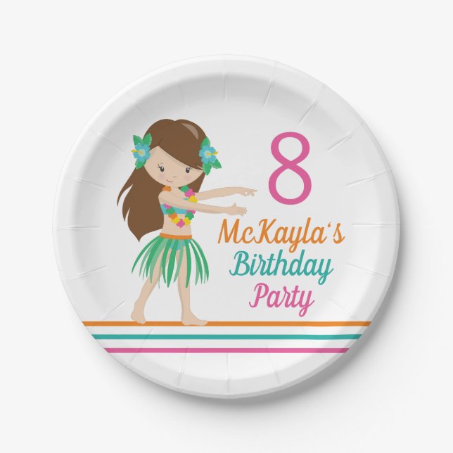 Hula Girl Cute Custom Luau Birthday Party Paper Plates (Front)