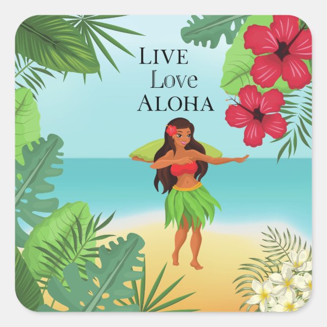 Hula Girl Live Love Aloha Square Sticker (Front)