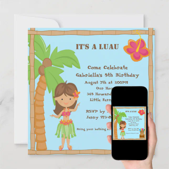 Hula Girl Luau Square Birthday Invitation 