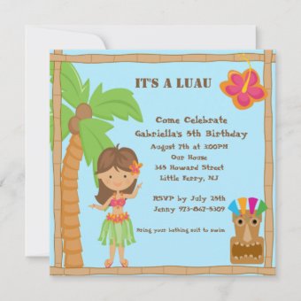 Hula Girl Luau Square Birthday Invitation | Zazzle