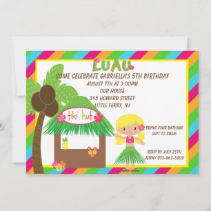 Hula Girl Tiki Hut Bright  Birthday Invitation