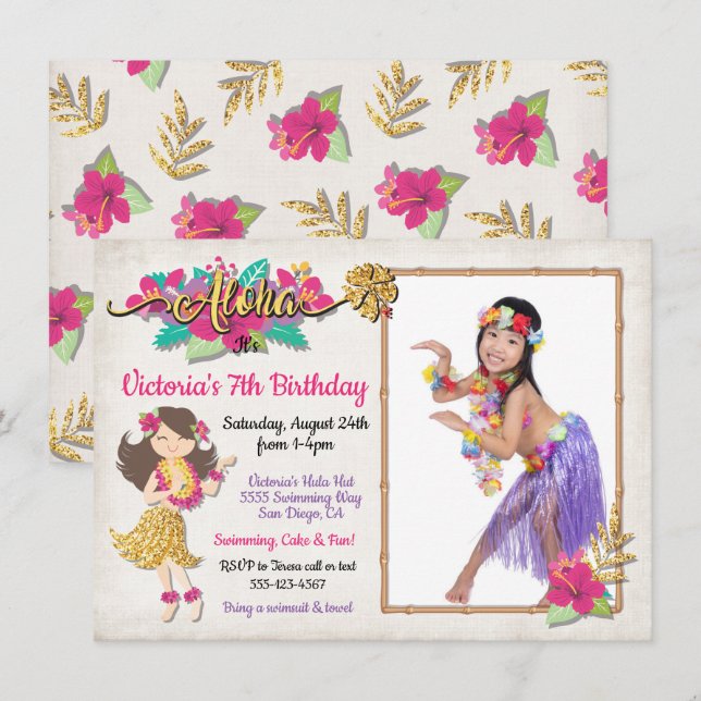 Hula Girl Tropical Birthday Photo Invitation (Front/Back)