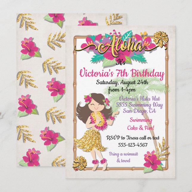 Hula Girl Tropical Pool party Birthday Invitation (Front/Back)