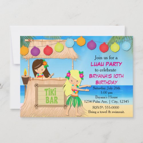 Hula girls beach tiki birthday party invitation