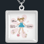 Hula Hoop New Big Sister Silver Plated Necklace<br><div class="desc">A cute big sister design features a little brown haired girl with pig tails with her hula hoop on a pink flower background. New big sister T-shirts,  cards,  stickers,  tote bags,  magnets,  mugs,  pillows,  luggage tags,  iPhone cases,  and much more!</div>