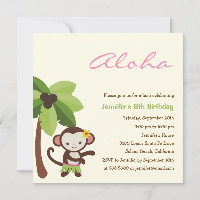 Hula Monkey Luau Party Invitation (Front)