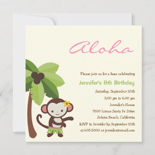 Hula Monkey Luau Party Invitation