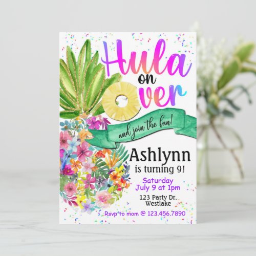 Hula on over  Luau Pineapple Birthday Invitation