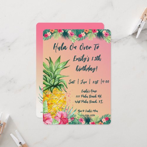 Hula on Over Tropical Sunset Pineapple Birthday  Invitation