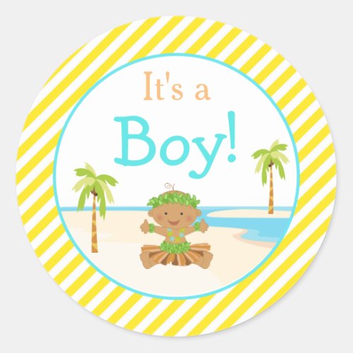 Hula Tropical African American Boy Baby Shower Classic Round Sticker