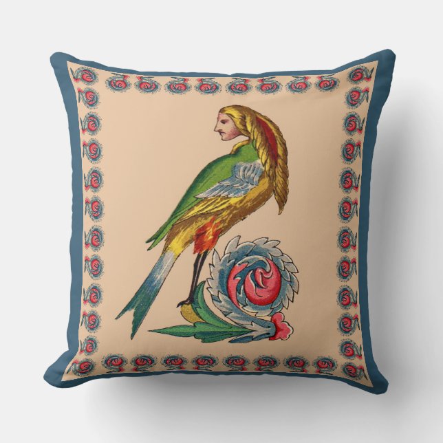 human bird print throw pillow (Front)