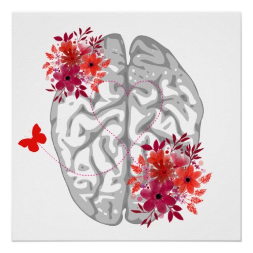 Human Brain Anatomy With Red Flowers Poster