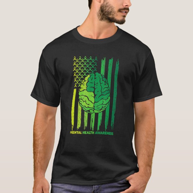 Human Brain Usa Flag Ribbon Mental Health Awarenes T-Shirt (Front)
