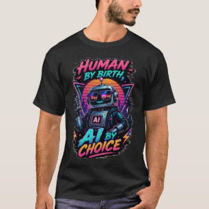 Human By Birth Ai By Choice Funny Neon Robotic T-Shirt