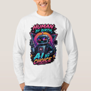 Human By Birth Ai By Choice Funny Neon Robotic T-Shirt