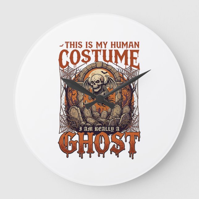 Human Costume Ghost Skeleton Graveyard Moon Hallow Large Clock (Front)