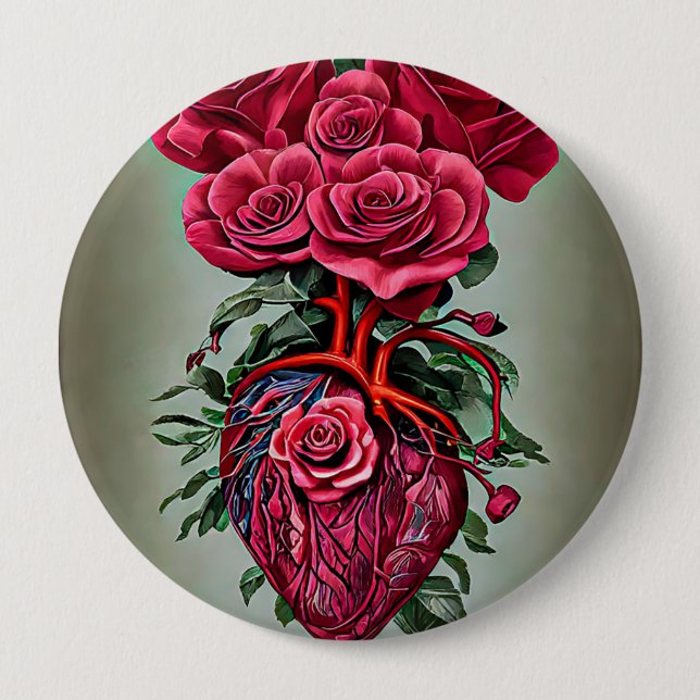 Human Heart with Red rose flowers surreal art  Button (Front)