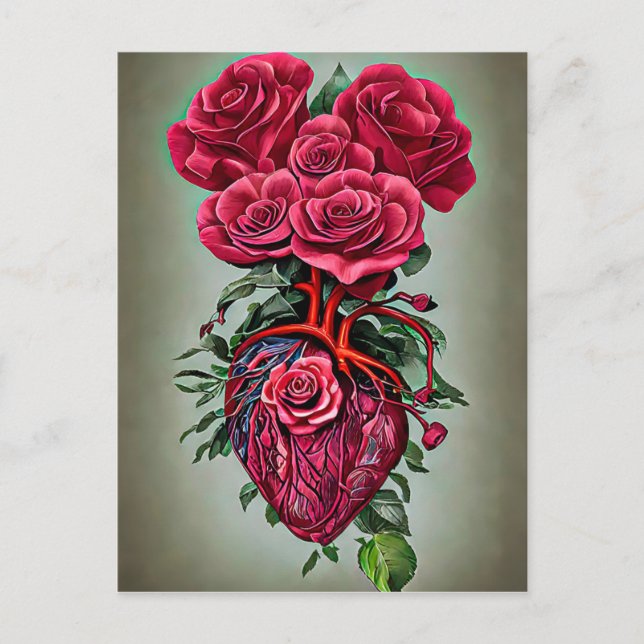 Human Heart with Red rose flowers surreal art  Postcard (Front)