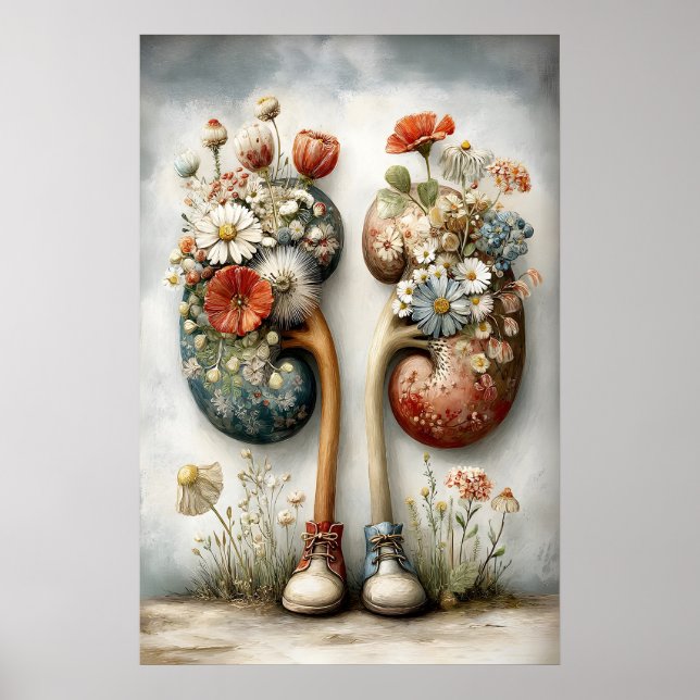 Human Kidney With Flowers Print, Anatomy Boho Poster (Front)