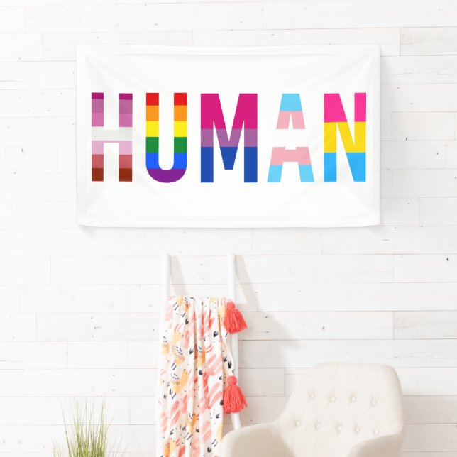 White banner displayed on a white wall with colors from the lesbian, gay, bisexual, transgender and pansexual pride flags.