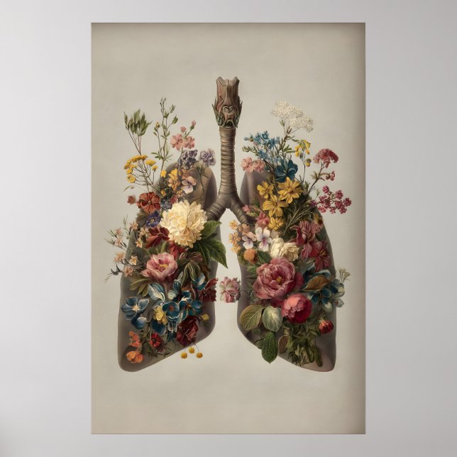 Human Lungs With Flowers Print, Anatomy Boho Poster (Front)