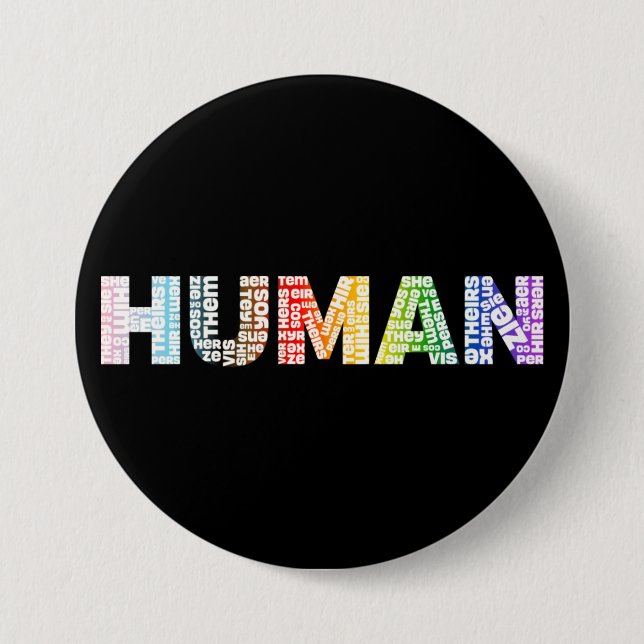 Human Pronouns Neopronouns Progress Pride Rainbow Button (Front)