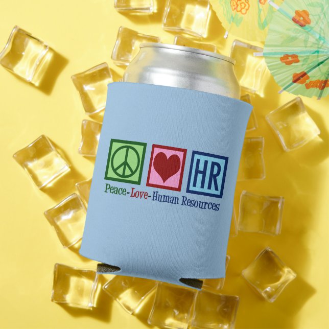 Human Resources Peace Love HR Office Blue Can Cooler (In Situ Summer)