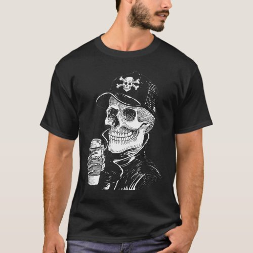 Human Skeleton Drinking Coffee  Halloween Skull T_Shirt