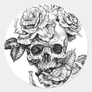 Human skull and roses black ink drawing classic round sticker