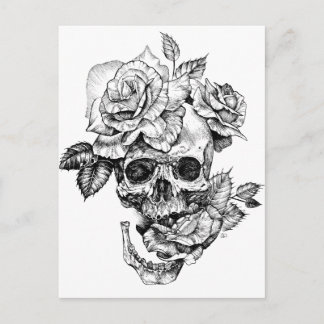 Human skull and roses black ink drawing postcard