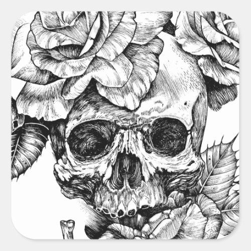 Human skull and roses black ink drawing square sticker