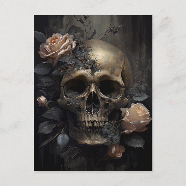 Human Skull and Roses Dark Gothic Postcard (Front)