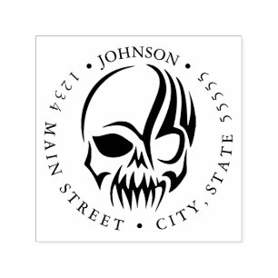 Human Skull and Tribal Tattoo Pirate Return Label Self-inking Stamp