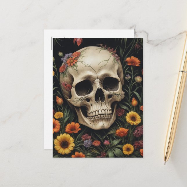 Human Skull in Flowers Postcard (Front/Back In Situ)