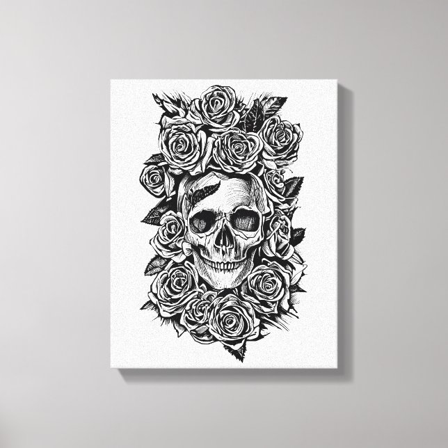 Human Skull Roses Goth Biker Art Illustration Canvas Print (Front)