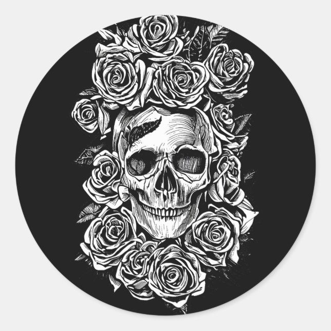 Human Skull Roses Goth Biker Art Illustration Classic Round Sticker (Front)