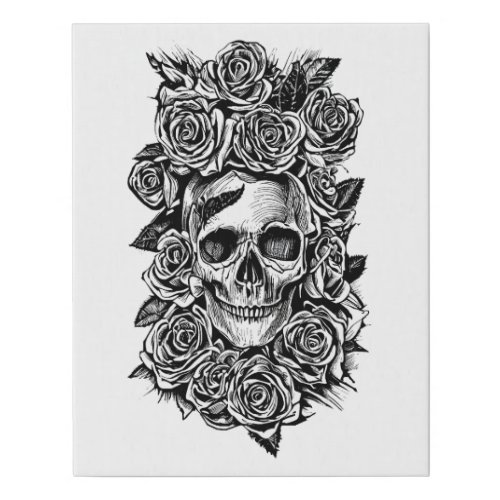 Human Skull Roses Goth Biker Art Illustration  Faux Canvas Print