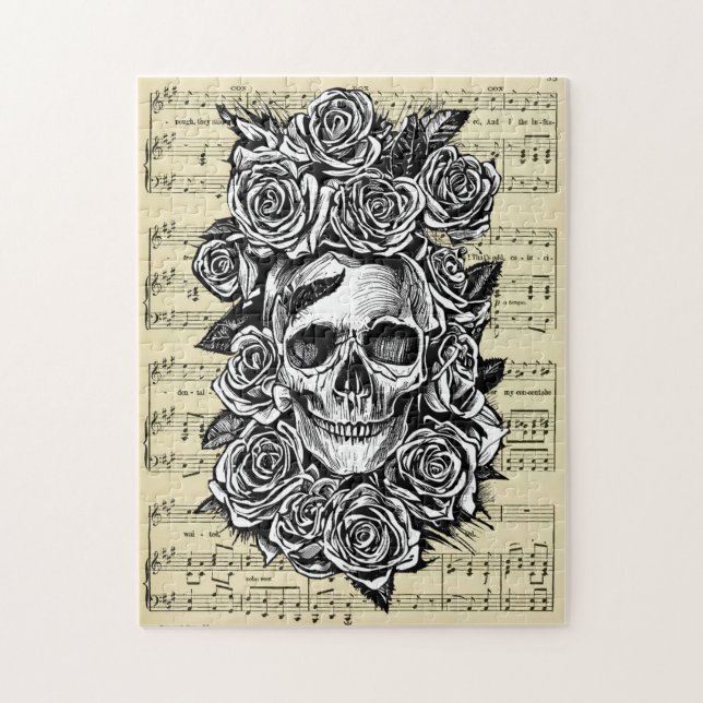 Human Skull Roses Goth Biker Art Illustration Jigsaw Puzzle (Vertical)