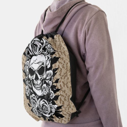 Human Skull Roses Goth Original ink drawing Art  Drawstring Bag