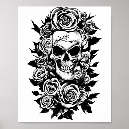 Human Skull Roses Goth Original ink drawing Art Poster