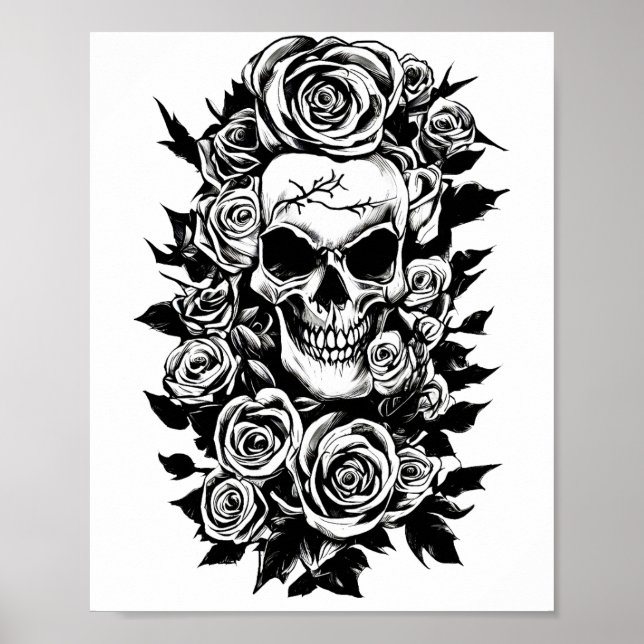 Human Skull Roses Goth Original ink drawing Art Poster (Front)