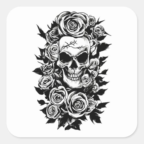 Human Skull Roses Goth Original ink drawing Art   Square Sticker