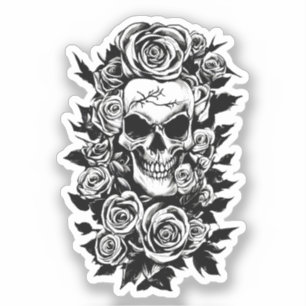 Human Skull Roses Goth Original ink drawing Art    Sticker