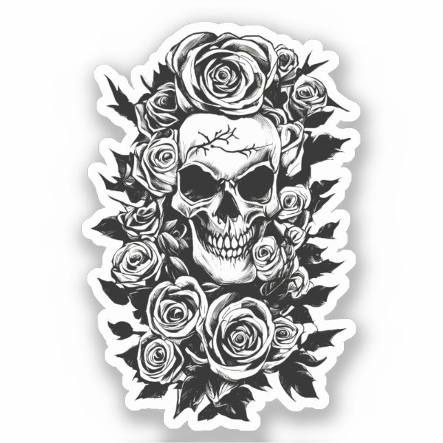 Human Skull Roses Goth Original ink drawing Art    Sticker (Front)
