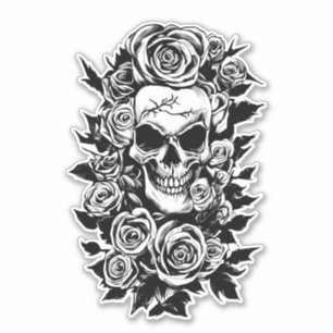 Human Skull Roses Goth Original ink drawing Art Sticker