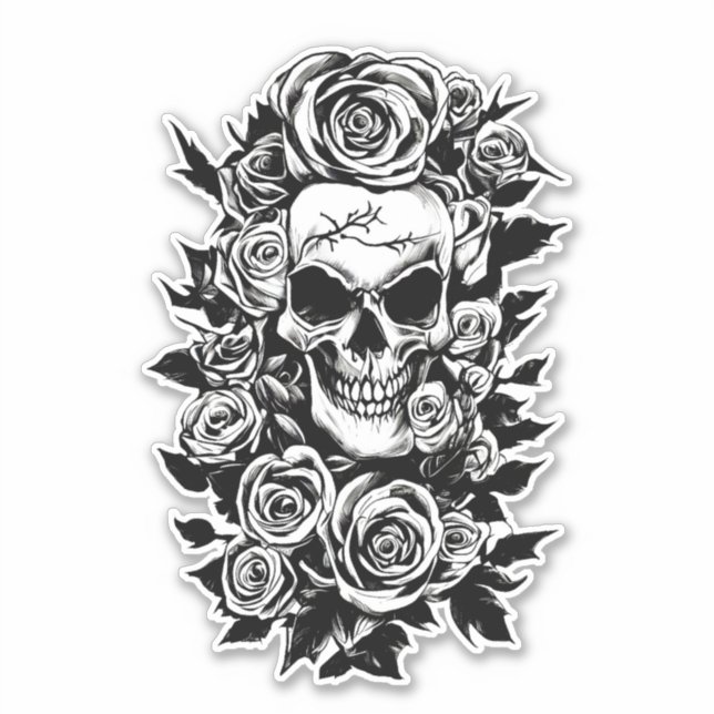 Human Skull Roses Goth Original ink drawing Art    Sticker (Front)